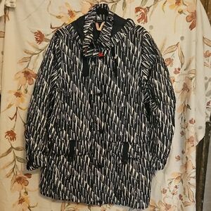 LANDS' END WOMENS 2X RAINCOAT, ZIPS AND BUTTON, 4 POCKETS, HOOD NAVY/WHITE